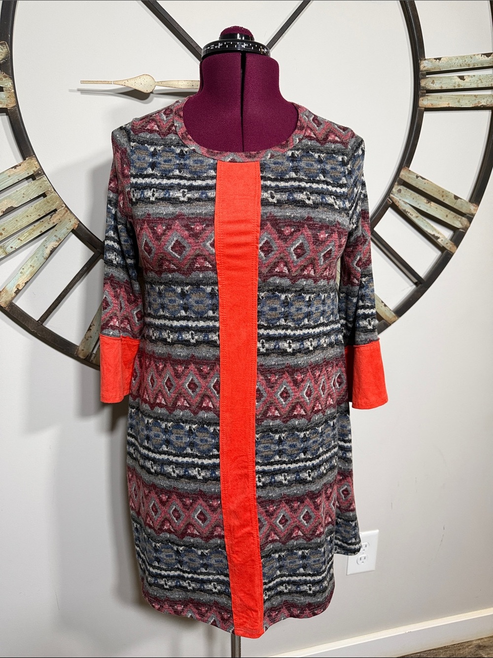 Womens Mixed-Pattern Tunic dress with Orange Accent
